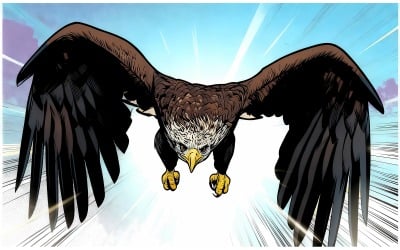 Orel běloocasý letí přímo k sobě (ilustrační obrázek AI + vektorová čárová grafika)