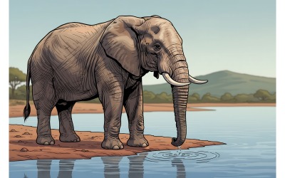 Beautiful Shot African Elephant Drinking Water Lake (Ai Illustration Image + Vector Line Art)