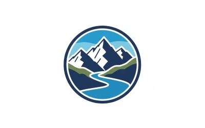扁平矢量山脉和河流圆形标志符号，采用蓝绿色配色方案