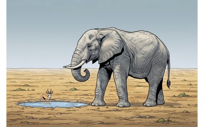 Big Old Elephant Walks Across Stony Desert (Ai Illustration Image + Vector Line Art)