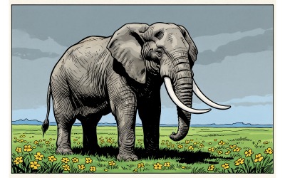 Close Up Elephant Field 1 (Ai Illustration Image + Vector Line Art)