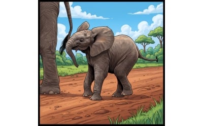 Close Up Elephant Standing Field (Ai Illustration Image + Vector Line Art)