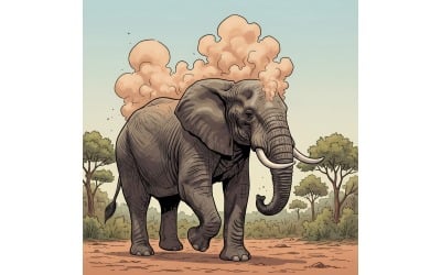 Closeup Shot African Elephant Playing With Dust (Ai Illustration Image + Vector Line Art)