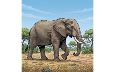 Closeup Shot Big Elephant Safari Blue Sky (Ai Illustration Image + Vector Line Art)