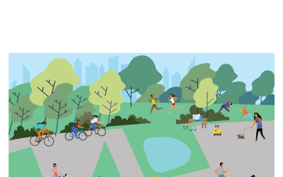 Colorful Flat Design City Park Scene Illustration