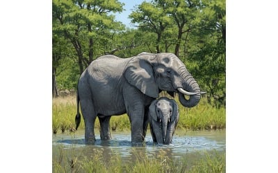 Elephant Calf With Its Mother Waterhole (Ai Illustration Image + Vector Line Art)