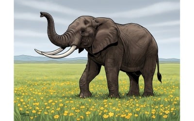 Elephant Field (Ai Illustration Image + Vector Line Art)