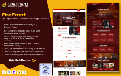 FireFront – wielostronicowy szablon witryny internetowej dla straży pożarnej i ratownictwa z trybem jasnym i ciemnym