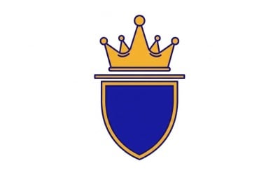 Golden crown atop navy blue shield flat vector logo symbol with royal branding identity design