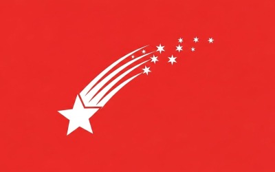 Ilustración plana de color rojo brillante de una estrella fugaz con cinco estrellas pequeñas detrás y una gran