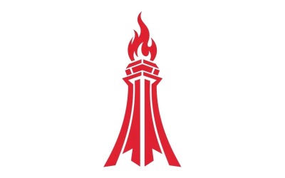 Rode gestileerde vlamfakkel monument vectorlogo symbool met minimalistische architectonische basis plat ontwerp