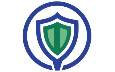 Simbolo del logo dello scudo vettoriale piatto con bordo circolare in design minimalista del marchio blu e verde