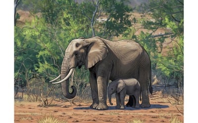Elephants Standing By Plants (Ai Illustration Image + Vector Line Art)