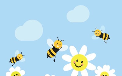 Bees Landing on White Daisies in Summer Field