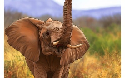 Elephant Standing Field 3 (Ai Illustration Image + Vector Line Art)
