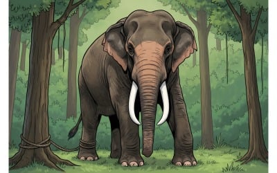 Elephant Standing Forest (Ai Illustration Image + Vector Line Art)