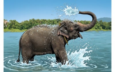 Elephant Washing River (Ai Illustration Image + Vector Line Art)