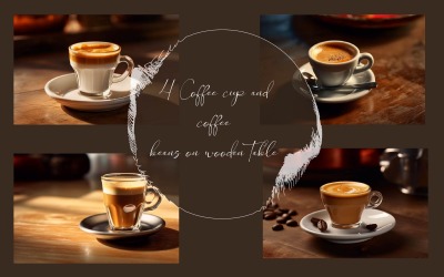 Ahşap masa üzerinde kahve fincanı ve kahve çekirdekleri.