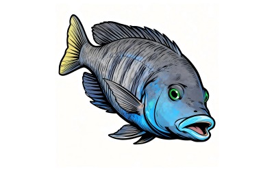 Cichlid Aquarium Fish Underwater (Ai Illustration Image + Vector Line Art)