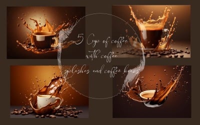 Cup of coffee with coffee splashes and coffee beans