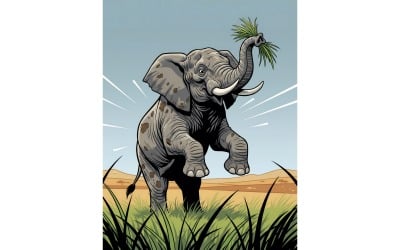 Elephant Wild Playing (Ai Illustration Image + Vector Line Art)