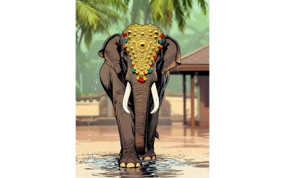 Magnificent Ceremonial Elephant Rain (Ai Illustration Image + Vector Line Art)