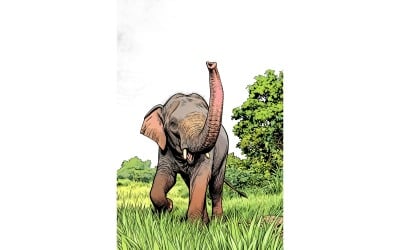 Portrait Beuatiful Thai Asian Elephant Stands Green Field (Ai Illustration Image + Vector Line Art)