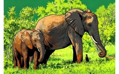 Shallow Focus Shot Mother Baby Elephant Walking (Ai Illustration Image + Vector Line Art)