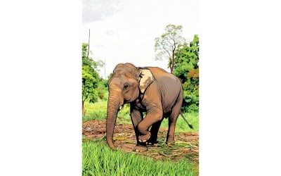 Thai Asian Elephant With Trimmed Cutted Tusks (Ai Illustration Image + Vector Line Art)