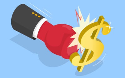 De-dollarization,  businessman with boxing glove punching dollar sign