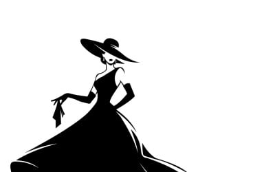 Elegant Black Evening Gown Silhouette With Wide Hat, Gloves, and Chic Fashion Illustration