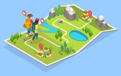 Hiking map,  hikers exploring the great outdoors