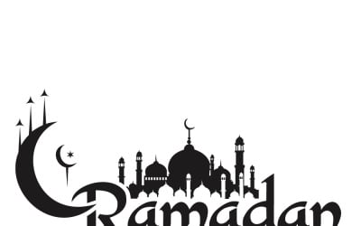 Saludo de Ramadán Kareem con luna creciente y silueta de mezquita