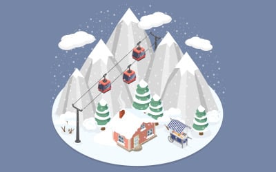 Winter mountain resort,  landscape with chalets and funicular