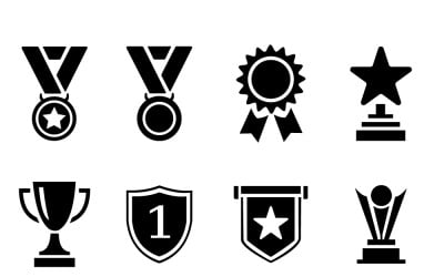 Une collection d&amp;#39;icônes en noir et blanc représentant diverses récompenses et réalisations.