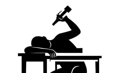 Silhouette Of A Person Slumped At Desk Raising Bottle Amid Bottles In Office
