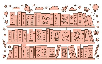 Children Book Shelf Silhouette Design With Stars Animals And Magic
