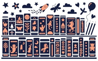 Cute Kids Bookshelf Illustration With Fantasy Icons For Nursery Decor