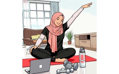 Asian Muslim Woman Doing Exercise Sport Home Illustration