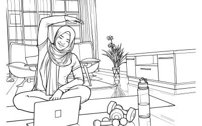 Aziatische moslimvrouw die thuis sportoefeningen doet (vectorlijnkunst)