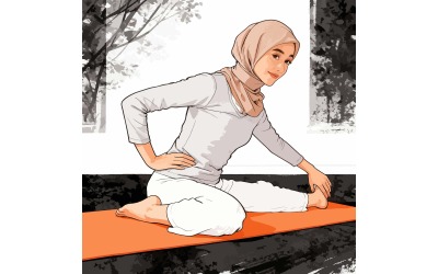 Asian Muslim Woman Doing Yoga Pilates Pose Illustration