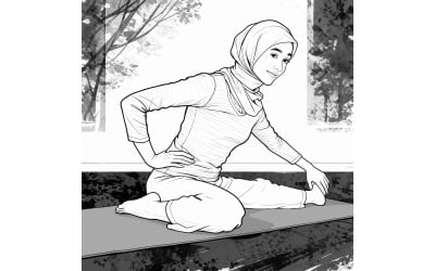 Asian Muslim Woman Doing Yoga Pilates Pose Vector Line Art