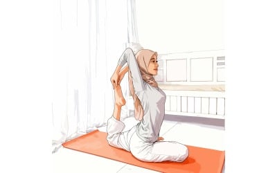 Ilustração de uma instrutora muçulmana asiática usando hijab praticando uma postura de ioga e pilates.