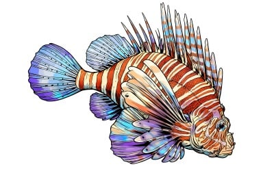 Close Up Lionfish Swimming Aquarium (Ai Illustration Image + Vector Line Art)