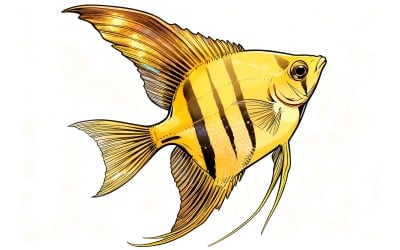 Close Up Yellow Betta Fish Surrounded By Bubbles (Ai Illustration Image + Vector Line Art)