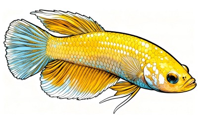 Golden Betta Fish (Ai Illustration Image + Vector Line Art)
