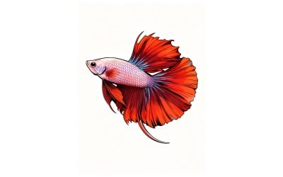 Red Halfmoon Betta Splendens Siamese Fighting Fish (Ai Illustration Image + Vector Line Art)