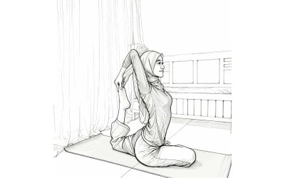 Asian Muslim Woman Instructor Wearing Hijab Doing Yoga Pilates Pose Vector Line Art