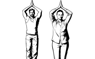Couple Performing Yoga Safari Vacation Vector Line Art