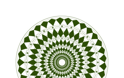 Groen cirkelvormig mandala-ornament met geometrische ruitvormen en bloemdetails.